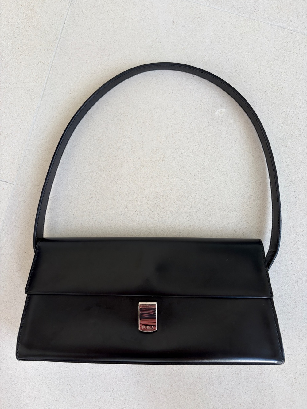 Vintage Furla Black Smooth Leather East-West Shoulder Bag Made in Italy